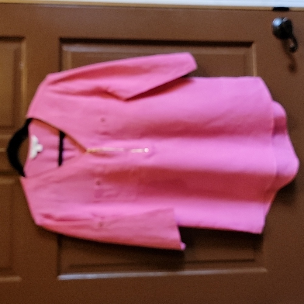 Ellen Tracy-Linen hot pink top with gold zipper with short roll sleeves. S. - Picture 3 of 11